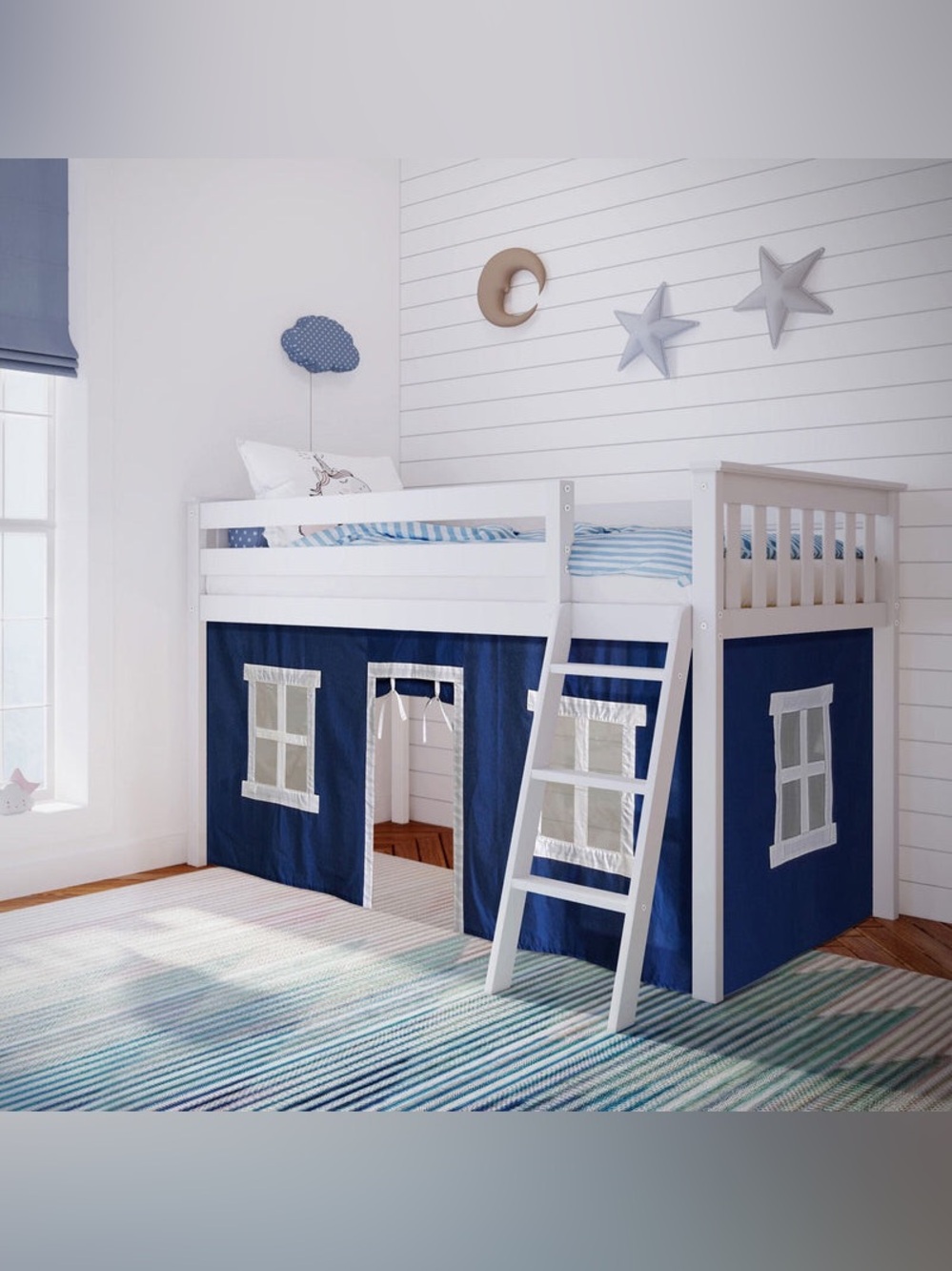 Max & Lily Cotton Underbed Curtain with Square Windows - Twin - Blue/White NWT